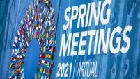 International Monetary Fund and World Bank spring meetings signage at the IMF headquarters in Washington